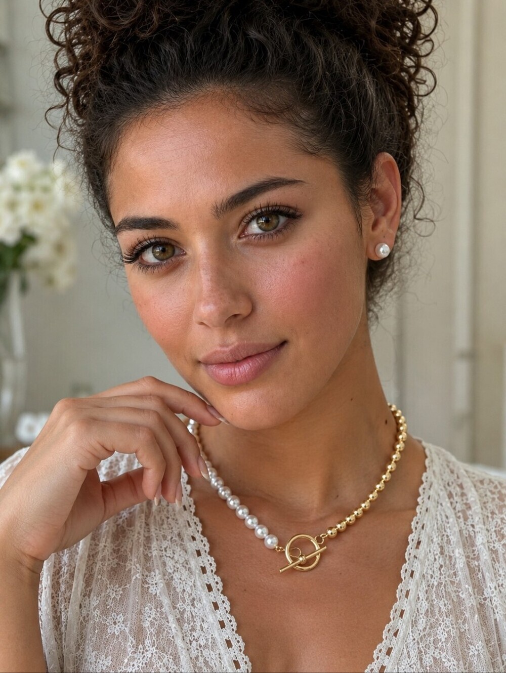 Half Pearl Half Gold Bead Choker Necklace Toggle Clasp Clean Girl Coquette 16"